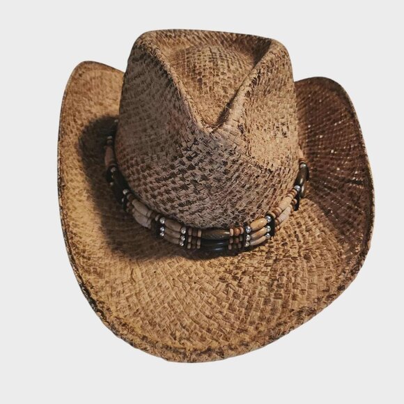 Henschel Hat Burnished Hand Stained Raffia Western Straw Hat Wood Bead Band Med - Picture 1 of 12